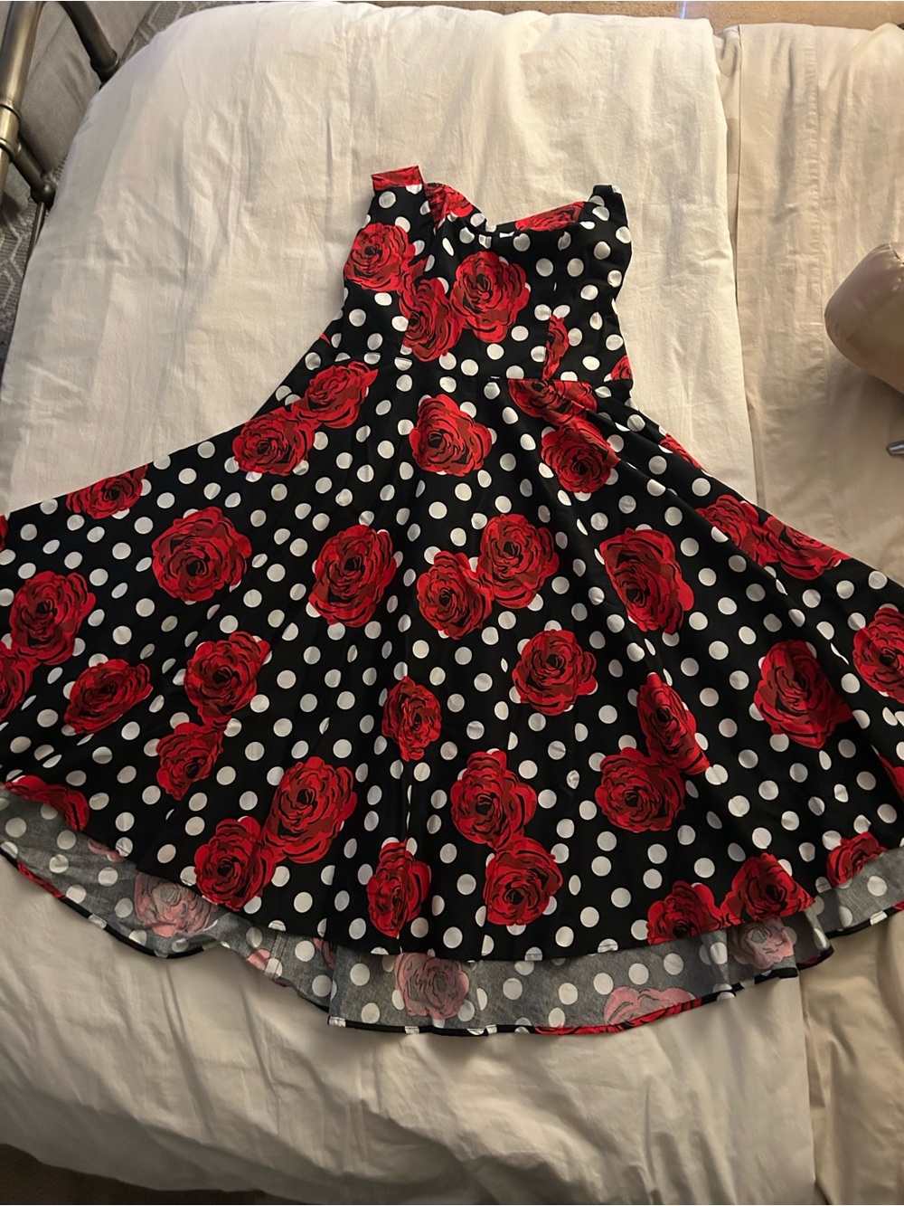 Black Polka Dot Dress with Red Rose Print